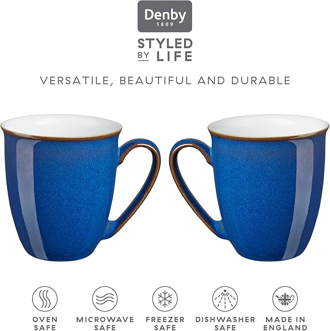 Denby - Imperial Blue Coffee Beakers/Mug Set of 4-11.5oz - Stoneware Tea Cup Mug Set - For Office & Home - Dishwasher Safe - Ceramic Tea Cups With Deep Blue Glaze - Chip Resistant