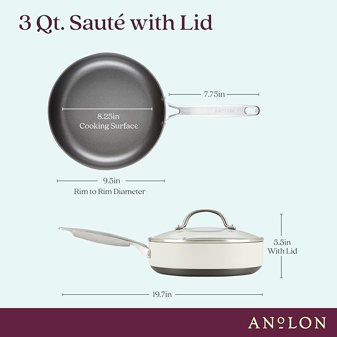 Anolon Achieve Hard Anodized Nonstick Saut챕 Pan with Lid, 3 Quart - Cream