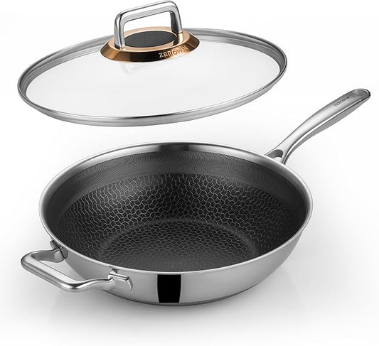Hybrid 12-Inch Wok with Lid,Nonstick Stainless Steel Woks & Stir-fry pans,Wok Pan,PFAS PFOA PTFE Free,Dishwasher-Friendly,Oven-Safe Up to 600째F,Compatible with All Cooktops