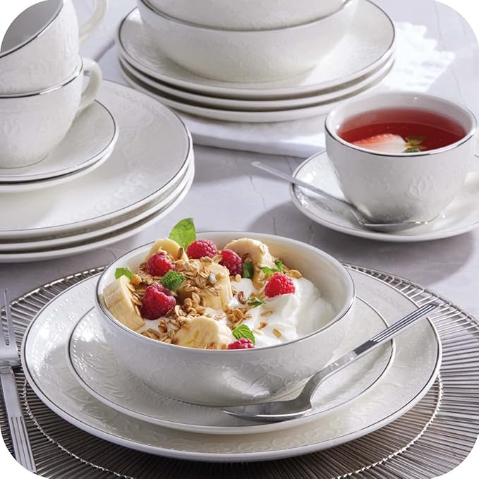 Corona 20?뱎iece Silver-Rim Elegant Embossed Floral Pattern Ceramic Dinnerware Sets, Plates Bowls and Cups, Service For 4, Harmony