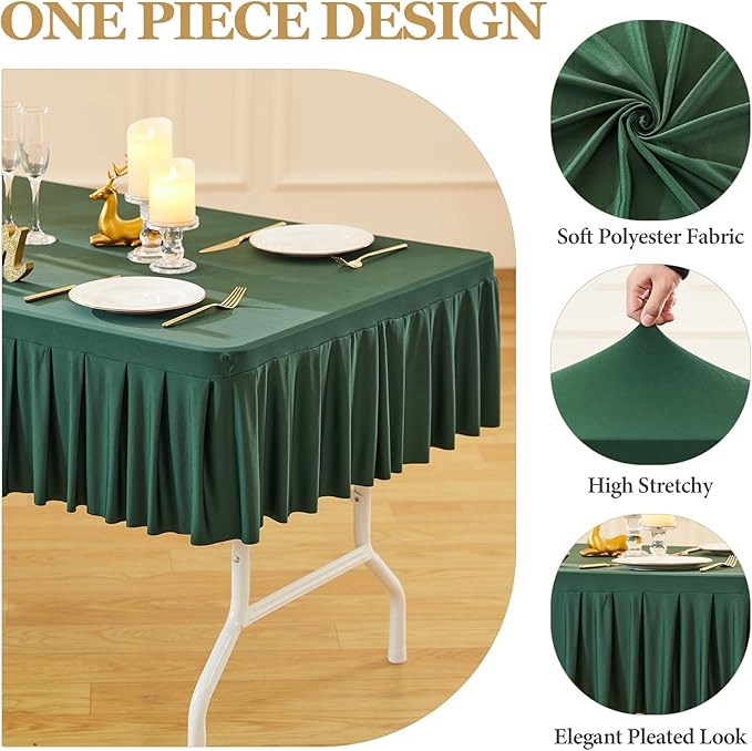 Wish Care Hunter Green Spandex Table Clothes for 6 Foot Rectangle Tables Wrinkle Free Stretch Fitted Tablecloth 6ft Ruffle Elastic Table Cover Skirt for Dining Outdoor Home Banquet Party Tablecloth