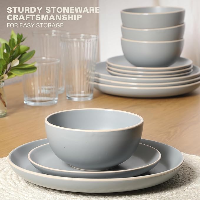 Gibson Home Rockaway 12-Piece Stoneware Dinnerware Set, Matte Finish, Service for 4, Modern Ceramic Plates and Bowls, Microwave & Dishwasher Safe ??Soft Gray - Service for 4
