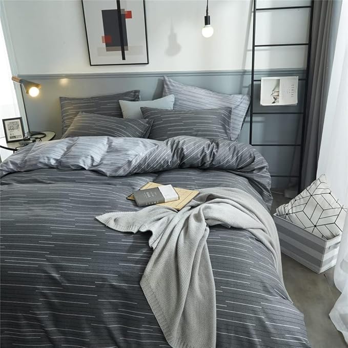 Striped Comforter Twin XL Modern Style Grey Geometric Striped Pattern Comforter Set for Men Boys Soft Fluffy College Dorm Striped Bedding Comforter with 2 Pillowcases All Season Twin XL Comforter Set