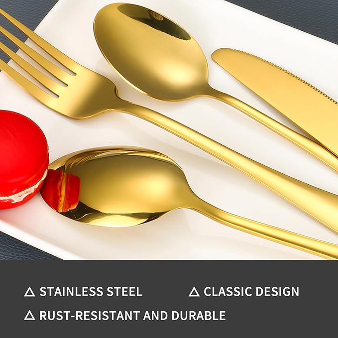 48-Piece Gold Silverware Set with Steak Knives Gold Stainless Steel Flatware Set for 8 Food Grade Tableware Cutlery Set Rust-proof, Mirror Polished, Dishwasher Safe