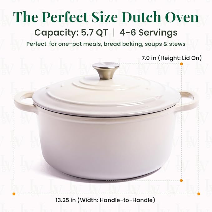 Larder & Vine Enameled Cast Iron 5.7 qt Dutch Oven Pot with Lid | Dutch Oven | Compatible on All Cooktops & Oven Safe to 500째 F | Great for Sourdough Bread | Stone