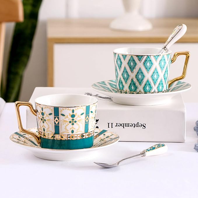 Vintage Bone China Tea Cup Set,5.4 Oz/160 ml Golden Handle Ceramic Coffee Teacup and Saucer with Spoon and Snack Fork, Style 01