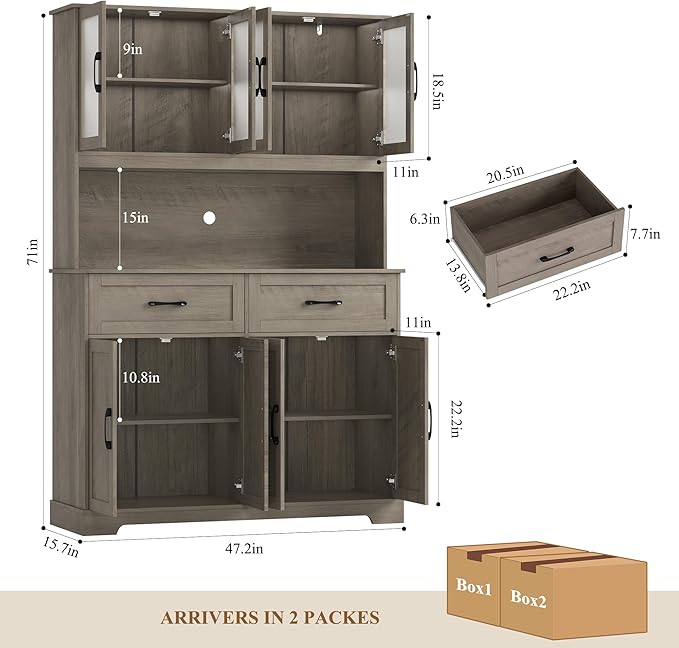 71" Farmhouse Kitchen Pantry Cabinet, Tall Pantry Cabinet with Microwave Stand, Kitchen Hutch with Drawer and Shelves for Dining Room, Grey