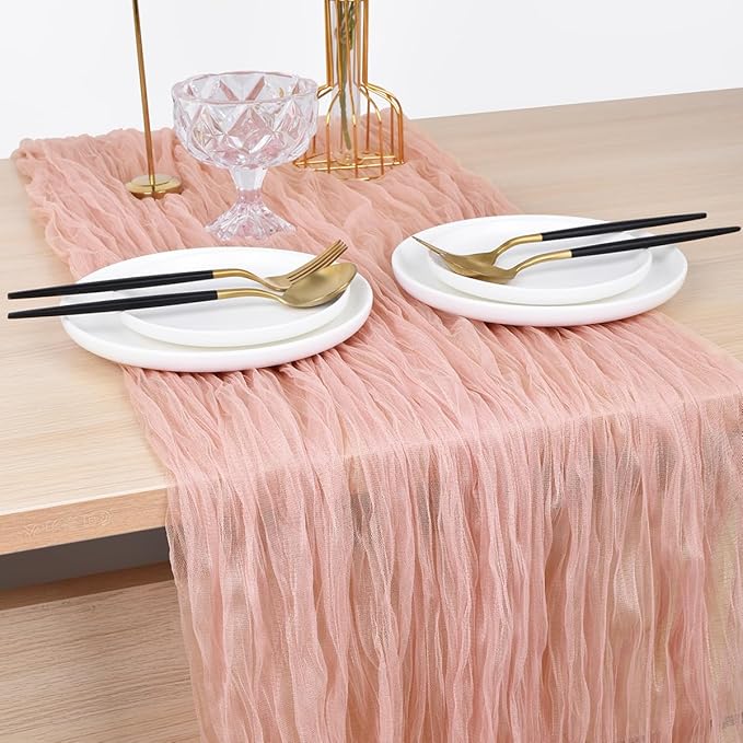 Joanlody Coral Pink Cheesecloth Table Runner Spring Easter 10Ft Rustic Gauze Boho Cheese Cloth Table Runner for Wedding Bridal Baby Shower Decoration 4 Pack