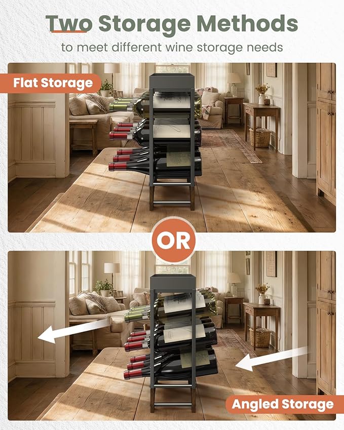 Countertop Wine Rack - 9 Bottle Freestanding with Top Tray, Modern Black Metal &Wood, 3 Tier Tabletop Wine Holder Stand for Home Kitchen Bar, Cabinet, Pantry, Wine Bottle Storage