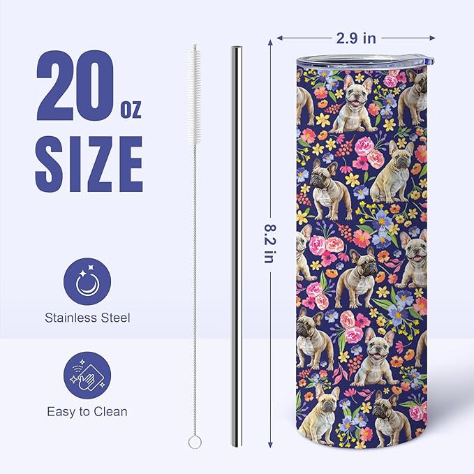 Yogusut French Bulldog Gifts for Women, 20oz Stainless Steel Insulated Tumbler Travel Mug Cup with Lid Straw Brush, Gifts for Dog Mom Dog Lover