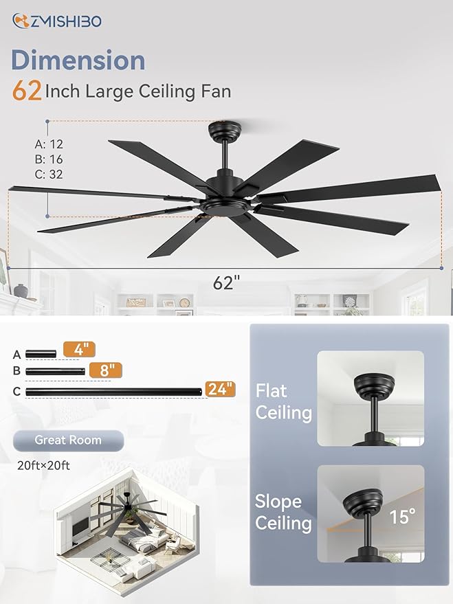 62 Inch Ceiling Fan No Light with Remote Control, 8 Blades Quiet DC Reversible Motor, 6-Speed, Timer, Black Finish, Indoor Outdoor Ceiling Fans for Patios, Living Room, Garage