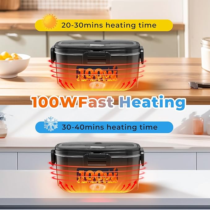 Vidaskeci Electric Lunch Box for Adults 100W Fast Heated Lunch Box for Men Women with Dual 1.5L Stainless Steel Containers Fast Heating Portable Food Warmer 12V/24V/110V Lunch box, Home/Office/Truck