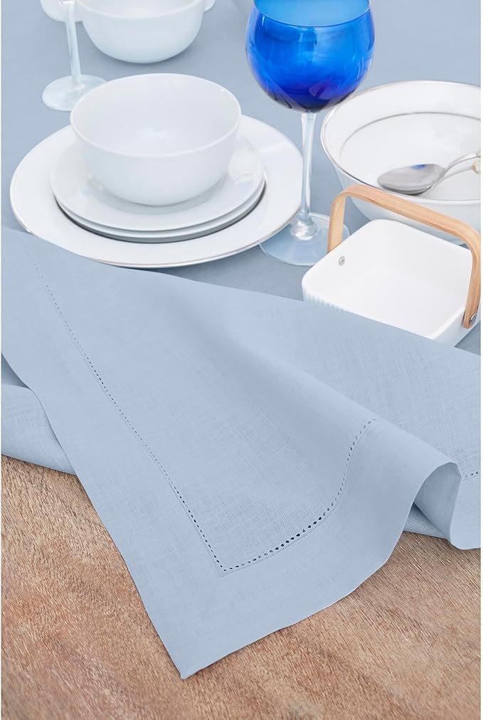Solino Home Linen Tablecloth 60 x 156 Inch - Classic Hemstitch 100% Pure Linen Sky Blue Table Cloth for Rectangle Tables - Machine Washable Tablecloth for Spring, Easter