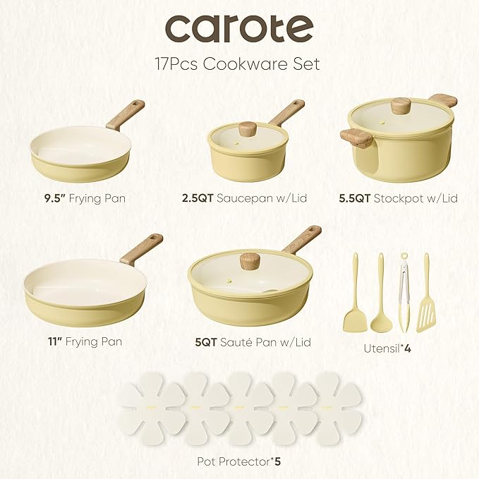 CAROTE 16pcs Ceramic Cookware Set, Pots and Pans Non Stick Kitchen Cookware Sets, Pots and Pans Set Cooking Set with Knife Set
