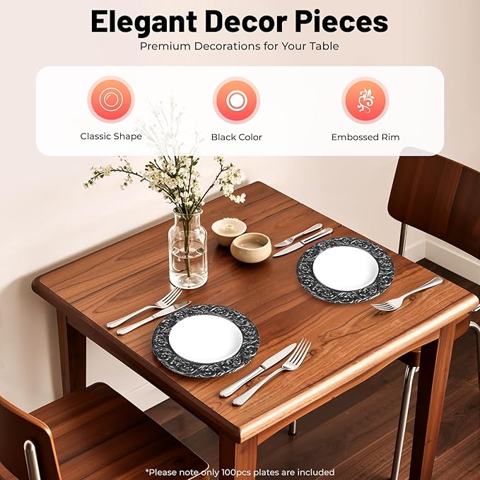 100pcs Black Charger Plates, 13" Round Reusable Decorative Flower Relief Carving Bulk Chargers for Dinner Plates, Wedding, Bridal Shower