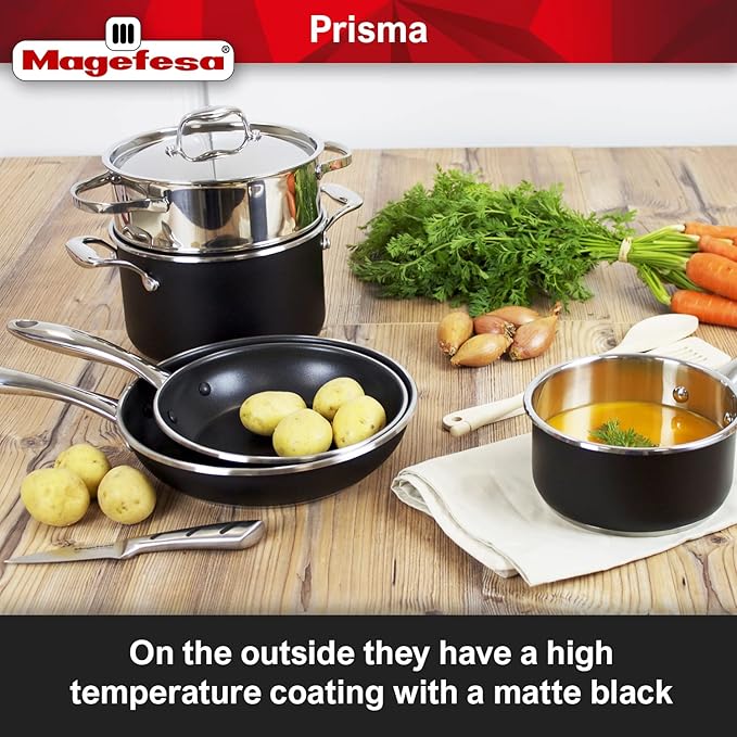 MAGEFESA Prisma 13-Piece Stainless Steel Cookware Set ??Durable Pots & Pans with Nonstick Interior, Matte Black Exterior, Oven Safe up to 392째F