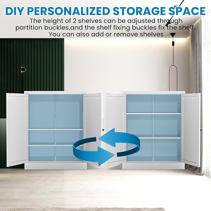 White Steel Pantry Cabinet with 2 Adjustable Shelves, Metal Storage Cabinets for Kitchen, Living Room, Bathroom, Heavy Duty Freestanding Utility Cabinet, Assembly Require