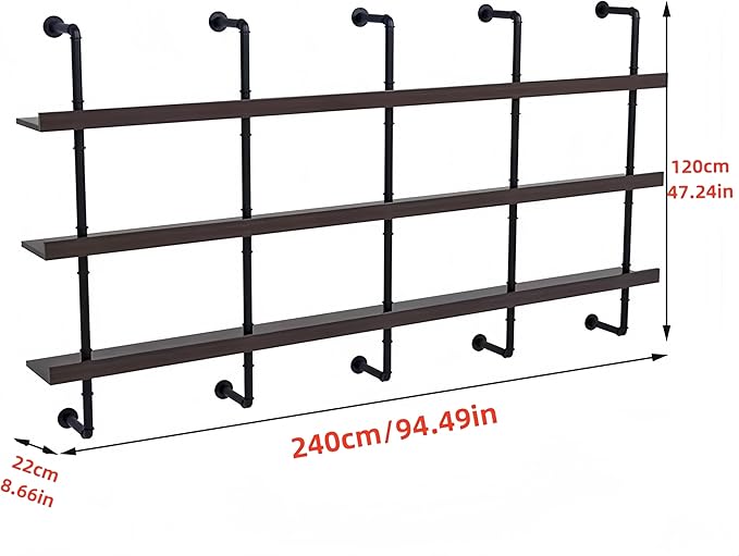 94 InchLarge Wall Mounted Wine Rack, 3 Tier Industrial Pipe Shelf Rustic Wood Floating Shelves, Wall Bar Shelves for Liquor Bottles Display Storage Organizer for Dining Room(Walnut, No Lights)