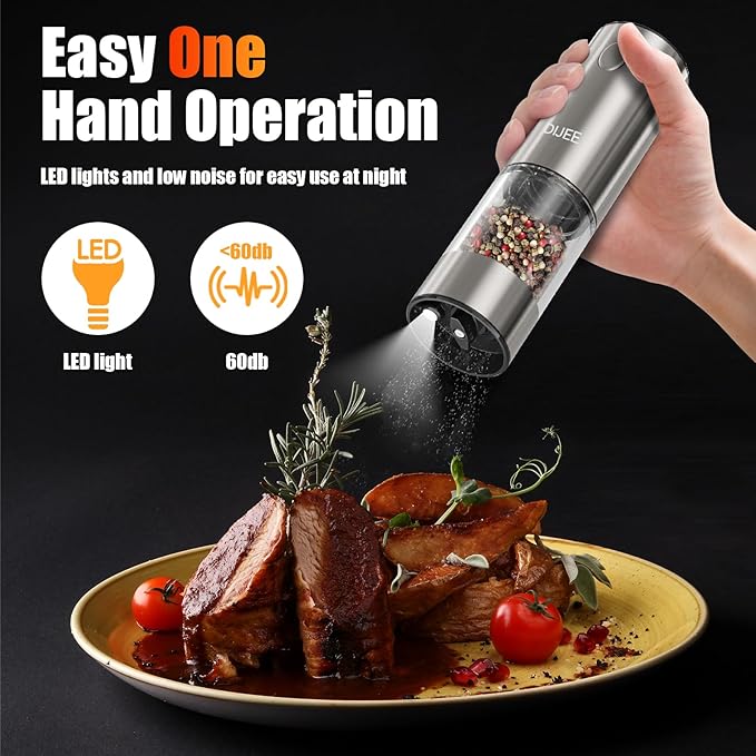 Rechargeable Pepper Grinder Mill Electric Rechargeable Usb Type-C Salt and Pepper Grinder Set Automatic Large Capacity Automatic Salt Pepper Mill Grinder with LED Light for Kitchen, 1 Pack