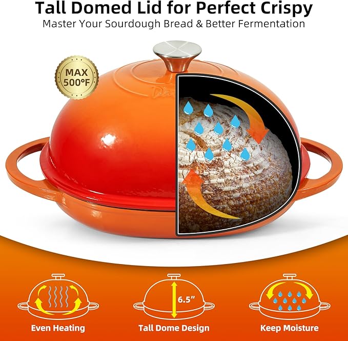 Davivy 6QT Oval Cast Iron Sourdough Dutch Oven with Silicone Baking Mat, Dutch Oven for Sourdough Bread, Non-stick Cast Iron Bread Cloche Bread Pan - Flame Orange