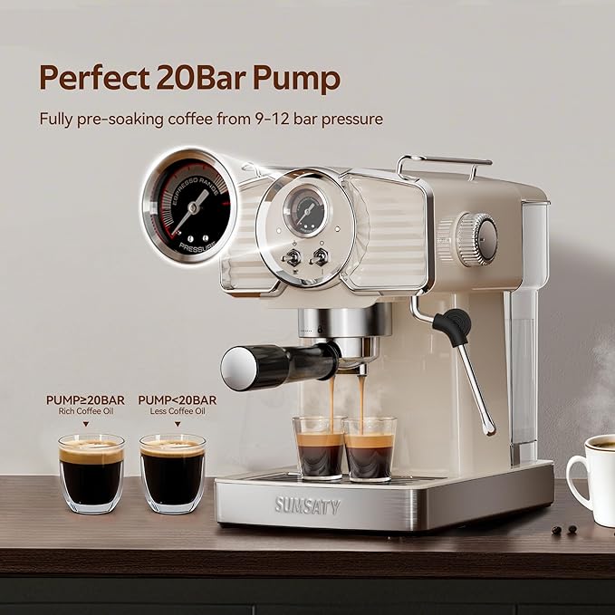 Espresso Machine 20 Bar, Professional Espresso Maker with Milk Frother Steamer Wand, Retro Coffee Maker Cappuccino & Latte Machine for Home, 1.8L Removable Water Tank, Off-white