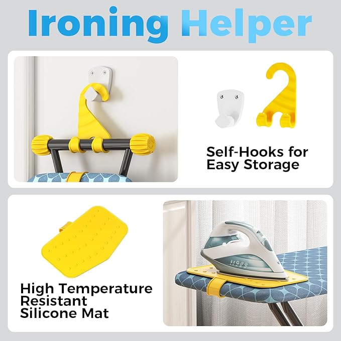 KINGBOARD Ironing Board, Compact Iron Board with Silicon Iron Mat, Heat Resistant Cover, 7 Height Adjustable, Foldable Ironing Board Wall Mount Hanger, 13x43 Yellow