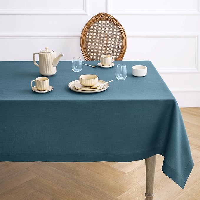 Solino Home Linen Square Tablecloth 52 x 52 Inch - 100% Pure Linen Peacock Blue Table Throw - Fete, Machine Washable Table Cloth for Winter
