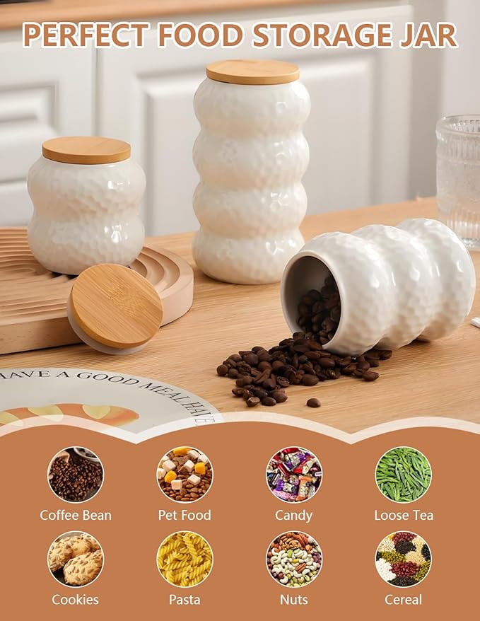 Ceramic Food Storage Containers with Lids, White Kitchen Canisters for Countertop, Small Food Containers Jar for Coffee Bean, Sugar, Tea, Spices and More, Home Decor (300ml/10oz)