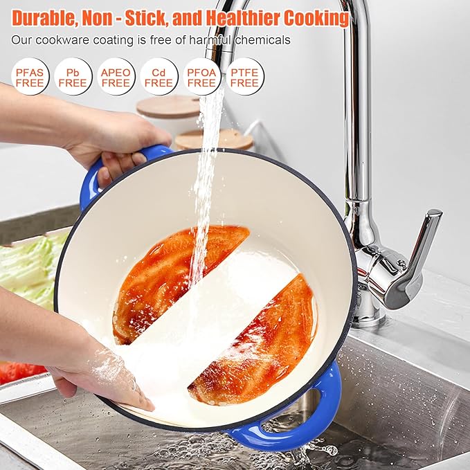 Dutch Oven for Bread Baking, 6QT Enameled Cast Iron sourdough dutch oven with Lid ??Includes Proofing Basket, Scoring Lame, Dough Whisk for Sour dough, Bread-making, Blue
