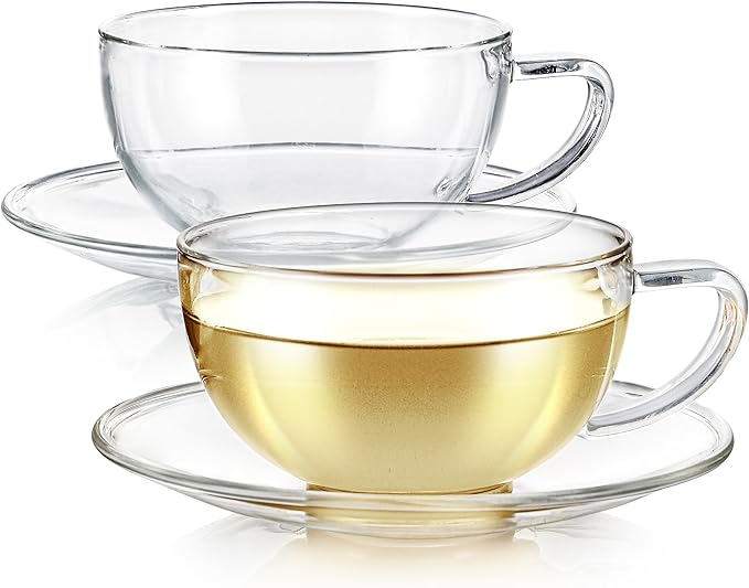 Teabloom Kyoto Teacup and Saucer Set 2-Pack ??Standard Teacup Size ??6 OZ/ 180 ML Capacity ??Crystal Clear Design ?볛?Premium Borosilicate Glass ??Heat Resistant, Microwave Safe