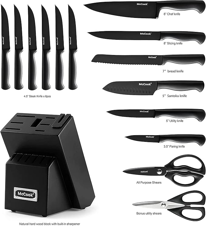 McCook짰 Knife Sets,German Stainless Steel Knife Block Sets with Built-in Sharpener, Black