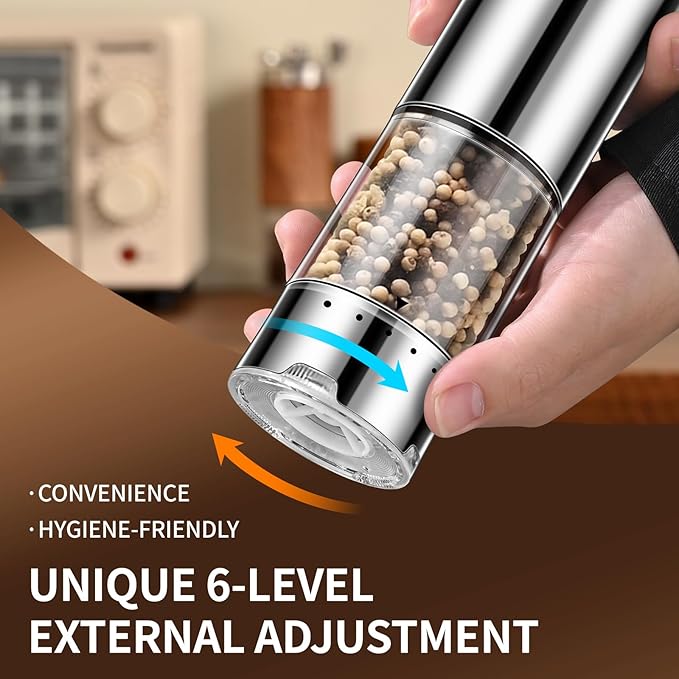 Electric Salt and Pepper Grinder Set Automatic Refillable Salt and Pepper Grinders with LED Light Pepper Grinder Kitchen Gadgets Adjustable Coarseness,One Handed Operation, Large Capacity