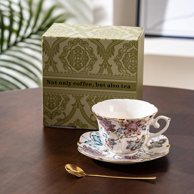 Floral Ceramic Cup Bone China Tea Cup and Saucer Set 6.8 Oz Gold Trim Vintage Style Porcelain Coffee Cup for Home Kitchen Office, Style 2