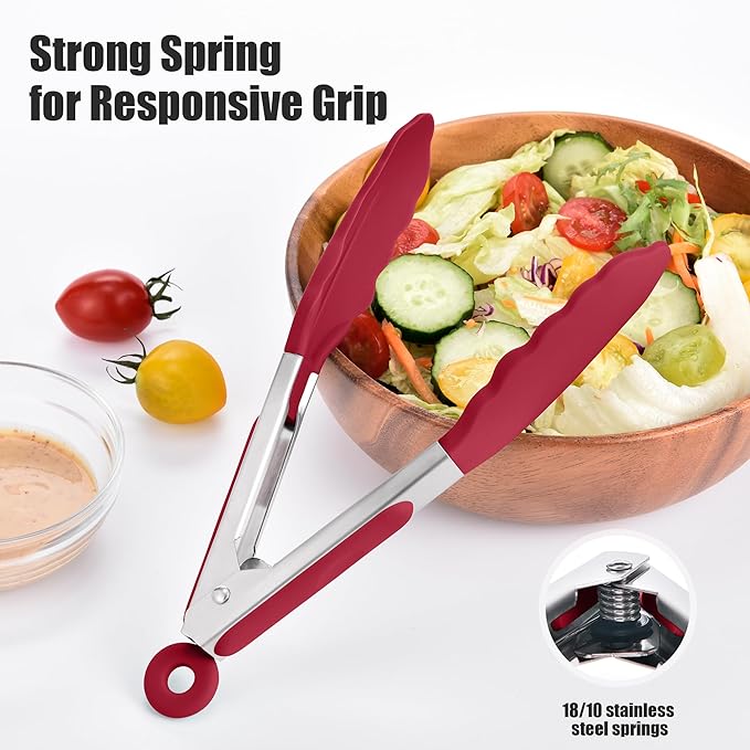 Doosu Kitchen Tongs for Cooking - 600째F Heat Resistant Food Tong with Non-Scratch Silicone Tips, Heavy Duty Stainless Steel Locking Tong for BBQ, Grilling Steak, Serving Salad, Pasta (7in, Red)