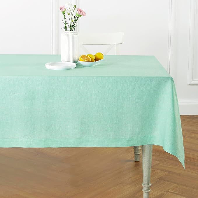Solino Home Linen Cloth Tablecloth 52 x 52 Inch - 100% Pure Linen Chambray Aqua Square Tablecloth - Athena, Machine Washable Table Throw for Winter, Spring, Easter