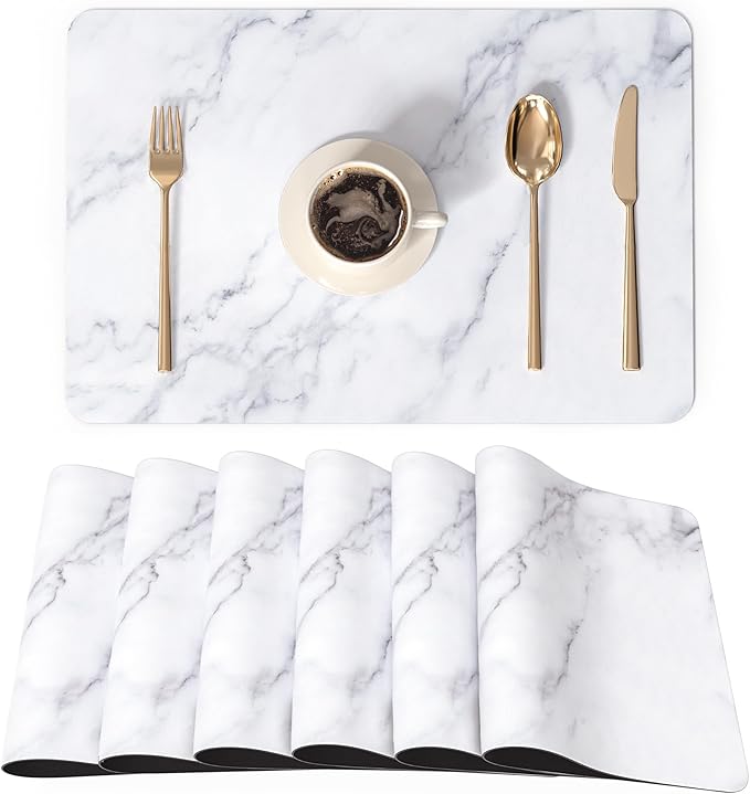 QIYI Placemats Set of 6, 12x18 Inch Faux Leather Place Mats for Kitchen Dinning, Heat Resistant Anti Slip Table Mats, Waterproof Wipeable Washable Placemat Party Table D챕cor, White Marble