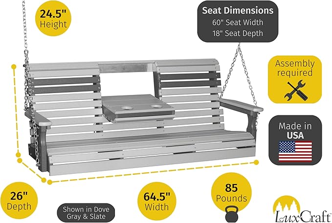 LuxCraft 5' Poly Rollback Plain Porch Swing with Flip Down Center Console, Made with Recycled Plastics - Made in USA (Cedar & Black)