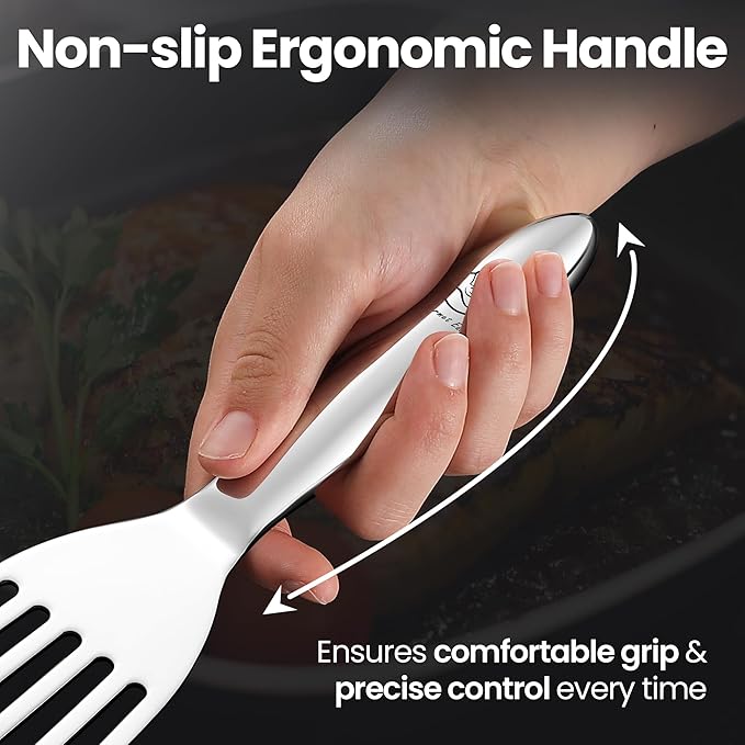 Stainless Steel Fish Spatula Set ??1 Large Fish Turner + 1 Small Metal Spatula, Ultra Thin Edge for Easy Turning & Flipping, Metal Kitchen Untensils with Ergonomic Non-Slip Handle, Dishwasher Safe