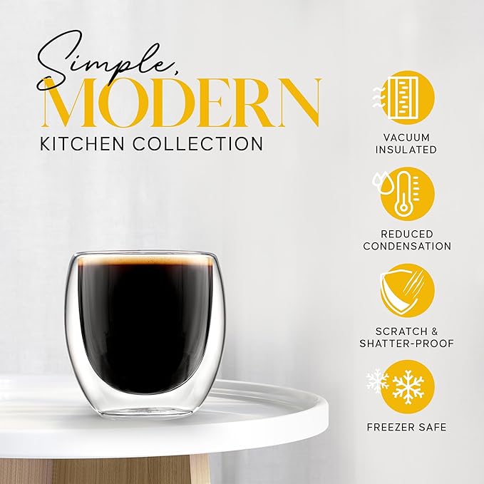 Kitchables Espresso Cups Set of 4, 2.7oz - Durable Double Walled Espresso Shot Glass - Expresso Shots Cup Compatible With Nespresso Machines - demitasse cups - Tasas De Caf챕 Expreso