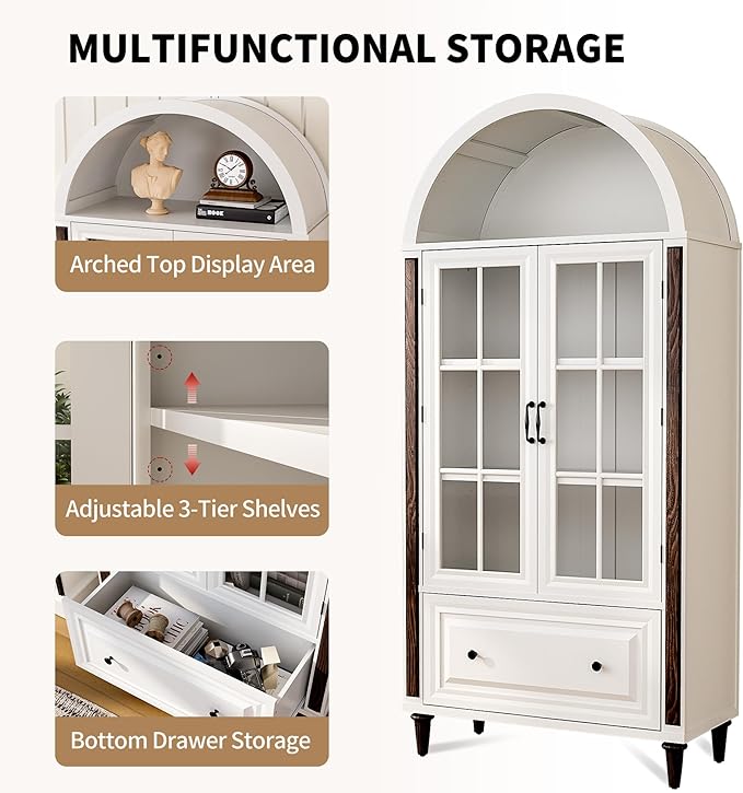 71??Handcrafted Arched Bookcase, Wooden Display Cabinet with Glass Doors and Adjustable Shelves, Elegant Storage Solution for Living Room, Dining Area, and Office, White