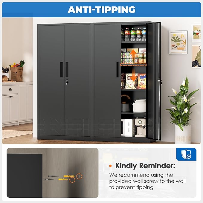 INTERGRAET 63" Tall Pantry Cabinet,Kitchen Pantry Storage Cabinets with 2 Doors and 4 Shelves,Black Metal Storage Cabinet,Cupboard for Home,Kitchen,Living Room/Dining