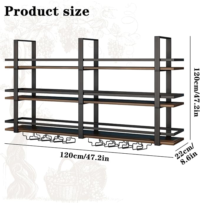 Wall Mounted Wine Rack with LED Light, Metal Liquor Bottles Display Shelf, Floating Shelves Display Storage Organizer, Wall Bar Shelves with Wine Glass Holder for Home Bar Kitchen (black, 47.2in)