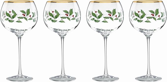 Lenox Drinkware, Holiday 4-Piece Wine Balloon Glass Set, Set Of 4, 14 Fl Oz Capacity, Made From Glass, Festive Red Christmas Design, Hand Wash Only, Christmas Decorations, Winter Decor (4 Piece)