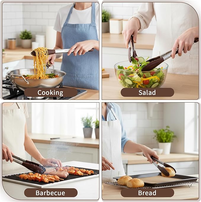 4Pcs Wooden Tongs for Cooking, Stainless Steel Salad Tong with Walnut Wood Tip, 9 Inch 12 Inch Walnut Wooden Kitchen Tongs, Anti-Slip Long Handle Wood Kitchen Utensils for Salad Tossing