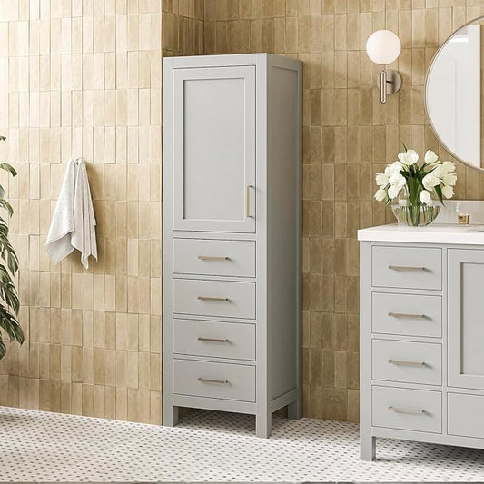 ARIEL Cambridge Bathroom Storage Cabinet - Solid Hevea Wood and Fully Assembled for Long-Lasting Durability and Sophisticated Finish, Freestanding Linen Bathroom Cabinet - 65?쒱 x 20?쓂 x 16?쒭, Grey