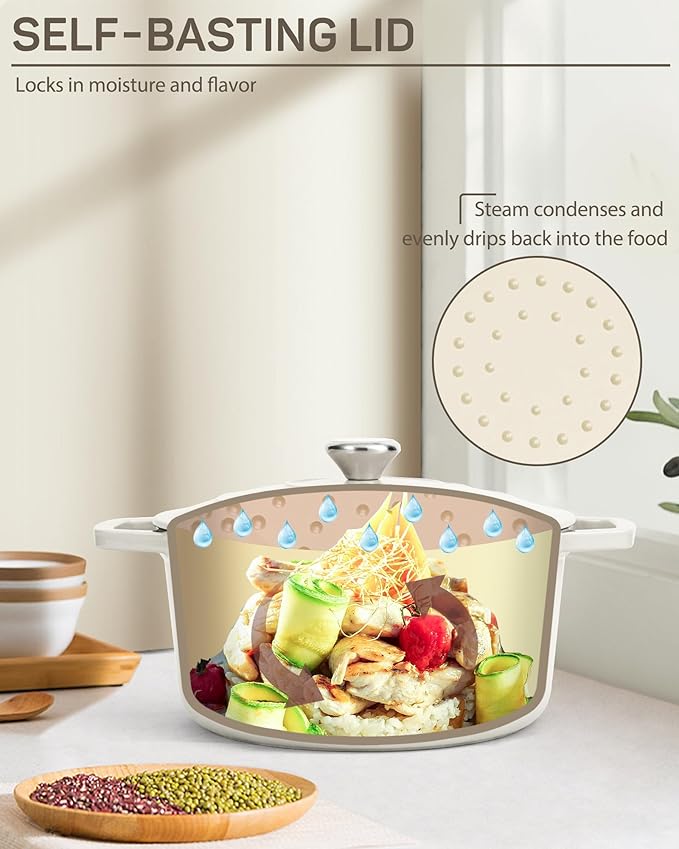 6 QT Dutch Oven Pot with Lid, Enameled Cast Iron Dutch Oven for Bread Making, Braiser, Cooking, Dual Handles, Oven Safe up to 500째 F or on Stovetop, Gifts for Family - Off White
