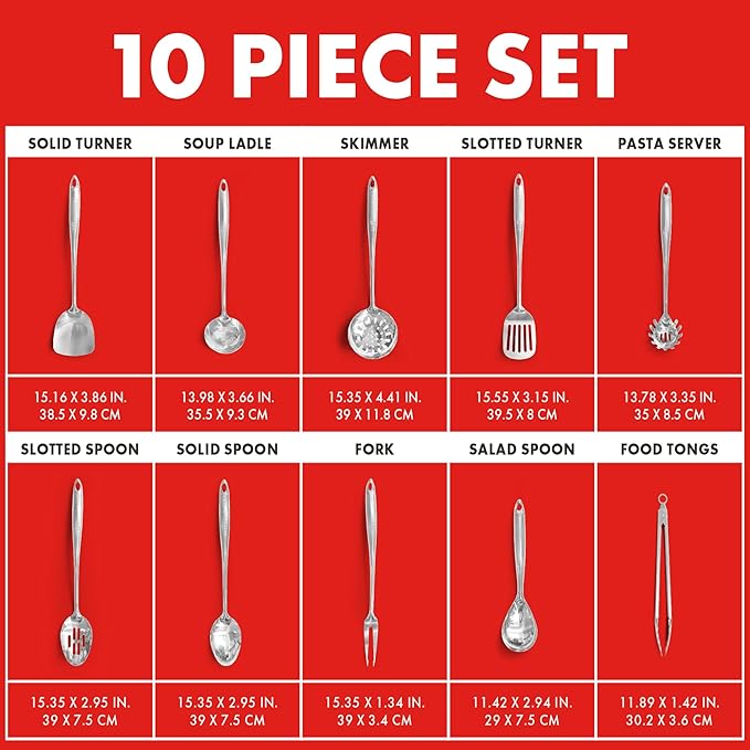 Emeril Lagasse 10-Piece Stainless Steel Utensil Set ??Premium 304 Mirror Finish Cooking Tools with Hanging Loops ??Heat Resistant, Dishwasher Safe Kitchen Gadgets for Nonstick Cookware