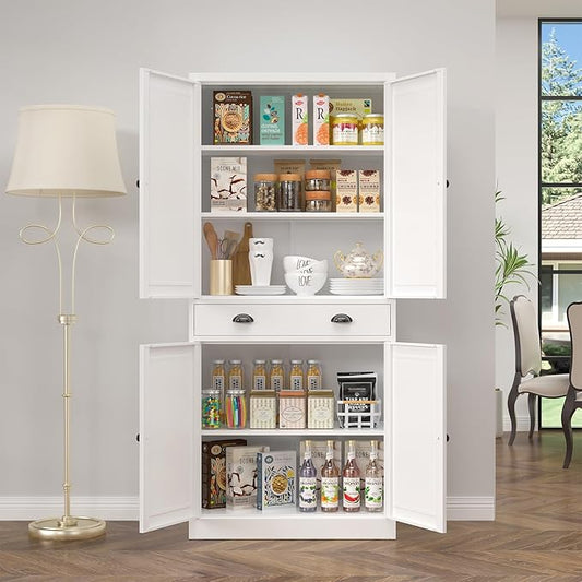 71??Food Pantry Storage Cabinet with Drawer,White Metal Kitchen Pantry Cabinet with Doors and Adjustable Shelves,Tall Storage Cabinets for Pantry,Kitchen,Livingroom
