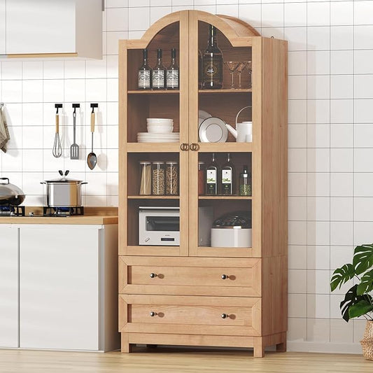 EasyCom 71 Tall Arched Pantry Cabinet, Farmhouse Wood Kitchen Cabinet with 2 Large Drawers, 4-Tier Storage Cabinet with Adjustable Shelf & Magnetic Clasp Doors for Living Room, Dining Room, Natrual
