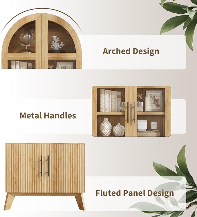 QUW 71" Tall Arched Kitchen Pantry Cabinet, Modern Fluted Display Cabinet with Glass Door & Adjustable Shelves, Storage Cabinet for Kitchen, Living Room, Dining Room, Bathroom, Natural Oak